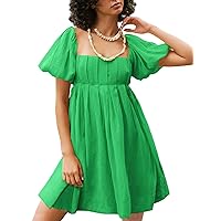 Zwurew Women's Summer Casual Dress Square Neck Puff Sleeve Flowy Smocked Tie Back Dress