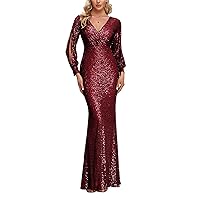 Women's Sexy V-Neck Split Long Sleeve Shinning Sequins Evening Mermaid Bridesmaid Cocktail Dress