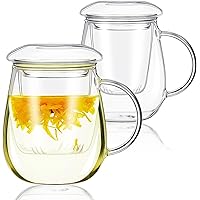 2 Glass Tea Cup with Infuser and Lid 17.6 oz Clear Glass Mugs Thickened Glass Tea Infuser Cup Simple Filtration Teacups for Tea Bag Loose Leaf Tea Blooming Tea (500ML,2Pcs)