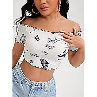 Women's Tops Shirts Sexy Tops for Women Butterfly Print Lettuce Trim Off Shoulder Tee Shirts for Women (Color : Black and White, Size : X-Small)