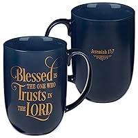 Christian Art Gifts Ceramic Scripture Coffee & Tea Mug for Men and Women 15 oz Navy Blue Inspirational Bible Verse Cup - Blessed is the One Who Trusts - Jeremiah 17:7 Lead-Free Mug