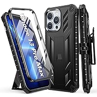 WTYOO for iPhone 13 Pro Max Case: with Built-in Kickstand & Screen Protector | Full-Body Dual Layer Rugged Belt Clip Holster, Durable Heavy Duty Military Shockproof Protective Phone Cover-Black