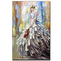 V-inspire Art， 32x48 Inch Vintage Abstract Artwork Elegant Violin Girl 100% Hand-Painted Oil Paintings on Acrylic Canvas Wall Art Home Wall Décor Stretched Frame Ready to Hang