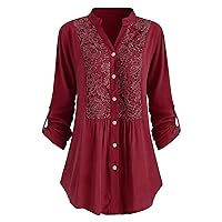 Womens Casual solid color Roll Up Sleeve Lace Floral Detailed V Neck Tops Button Down Blouses Tunics
