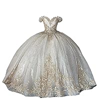 Shimmer Sequine Tulle Flower Pattern Off Shoulder Ball Gown Quinceanera Wedding Party Prom Dress 2024 Gold Embellishment