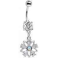 Body Candy Stainless Steel Clear Accent Synthetic Opal Snowflower Dangle Belly Ring