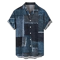 Mens Hawaiian Shirts Short Sleeve Button Down Color Block Beach Shirts Tropiacal Casual Linen Plaid Blouses Tops with Pockets