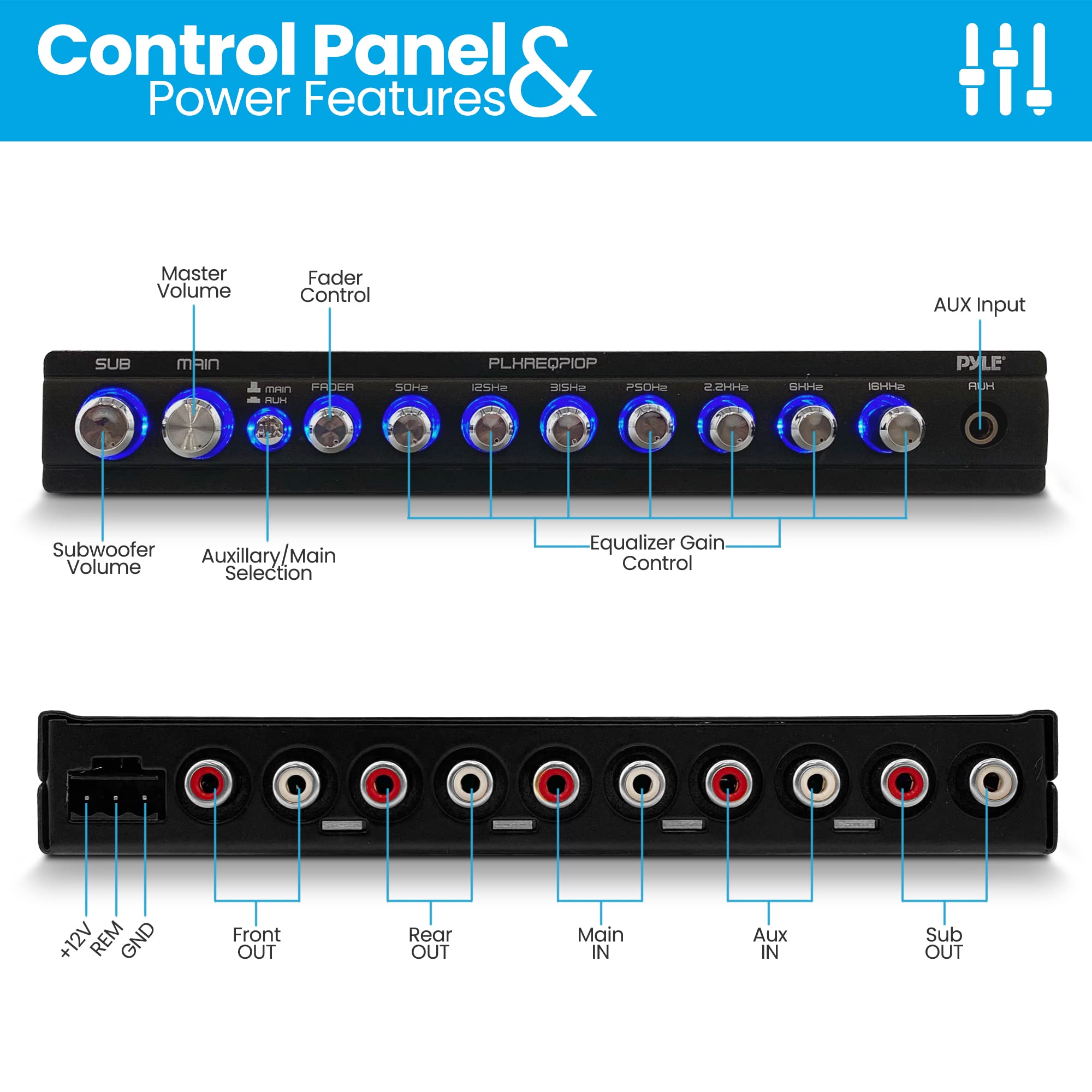 Pyle 7 Band Parametric Equalizer - 7 Volt RMS Pre-Amp Output with Subwoofer Gain Control, and 3 Input Sources Selectable, Blue Light Illumination