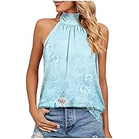 Graphic Tank Tops for Women 2023 Womens Summer Halter High Neck Print Sleeveless Shirts Tank Top Ladies Blouses