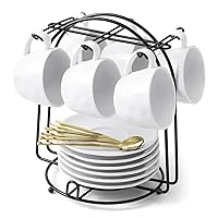 Yedio Espresso Cups and Saucers with Spoons and Metal Stand, 4 oz Porcelain Coffee Cups Set of 6 for Cappuccino Drink, Latte, Tea, Small Demitasse Cups with Metal Rack, White