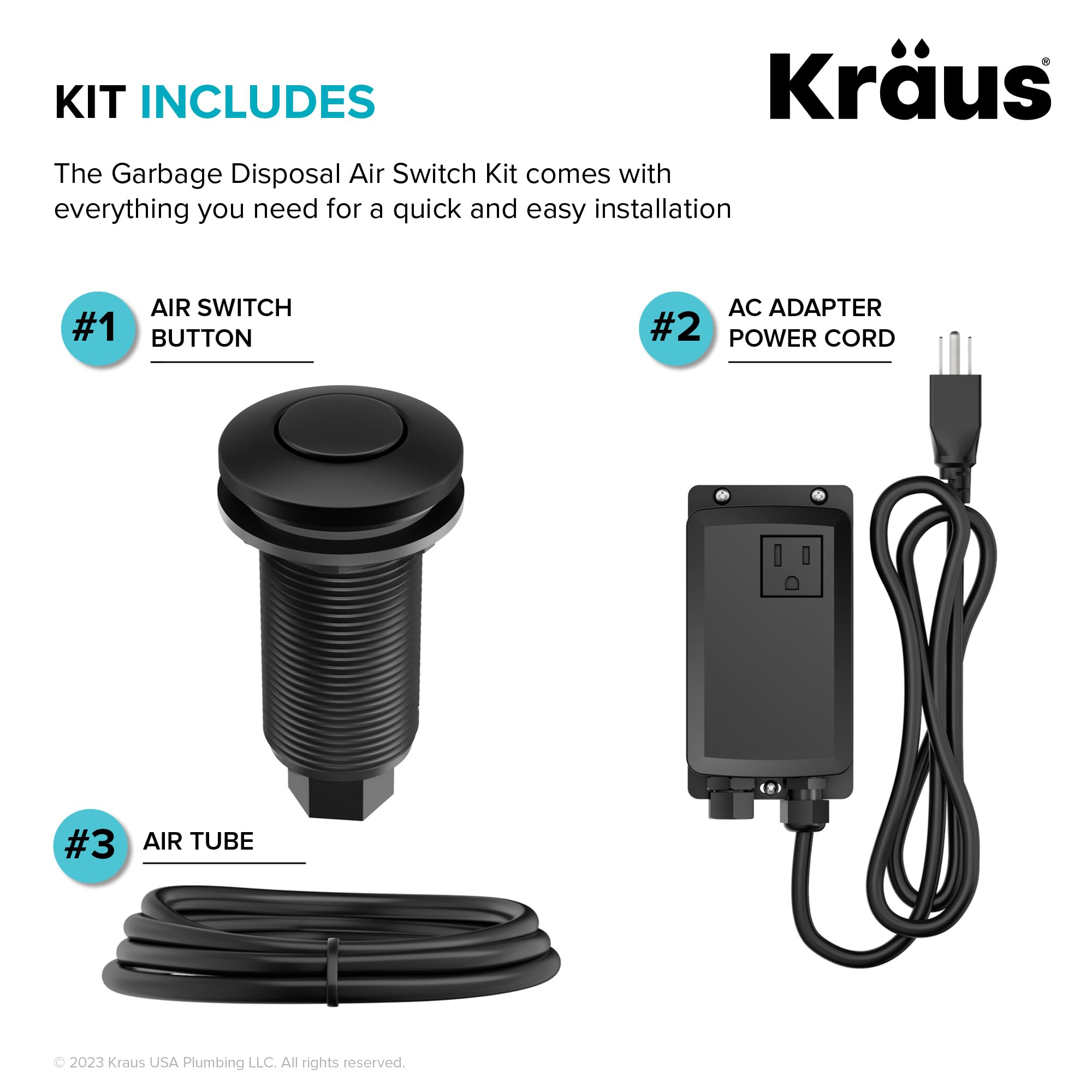 KRAUS Garbage Disposal Air Switch Kit in Matte Black with Push Button, AC Adapter, Power Cord, and Air Tube Included, KWDA-100MB