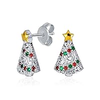 Holiday Golden Star Winter Red Green Cubic Zirconia CZ Sparkly Christmas Tree Stud Earrings For Women Teens Silver Plated
