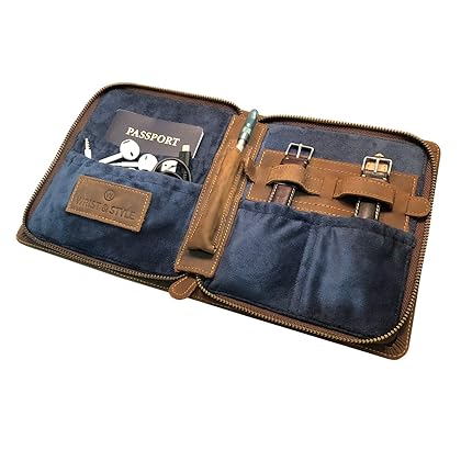 Leather Zipper Watch Case by W&S for Travel and Storage for Watches: Zipper Case Securely Hold Watches Straps, Tools, Passports, Cards and Accessories - Brown Leather, Blue Suede