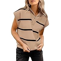 PRETTYGARDEN Womens Casual Striped T Shirts Cap Sleeve V Neck 1/4 Zip Basic Summer Top