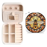 Glass Painted Bee Small Jewelry Box Travel Jewelry Case Jewelry Organizer Storage Case Portable PU Leather Jewelry Travel Case with Mirror,Travel Essentials for Women and Girls