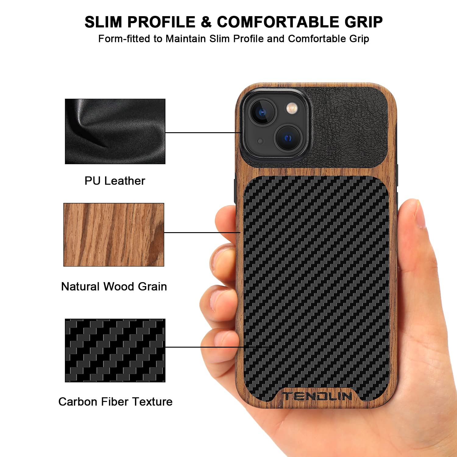 TENDLIN Compatible with iPhone 14 Plus Case Wood Grain with Carbon Fiber Texture Design Leather Hybrid Slim Case Black