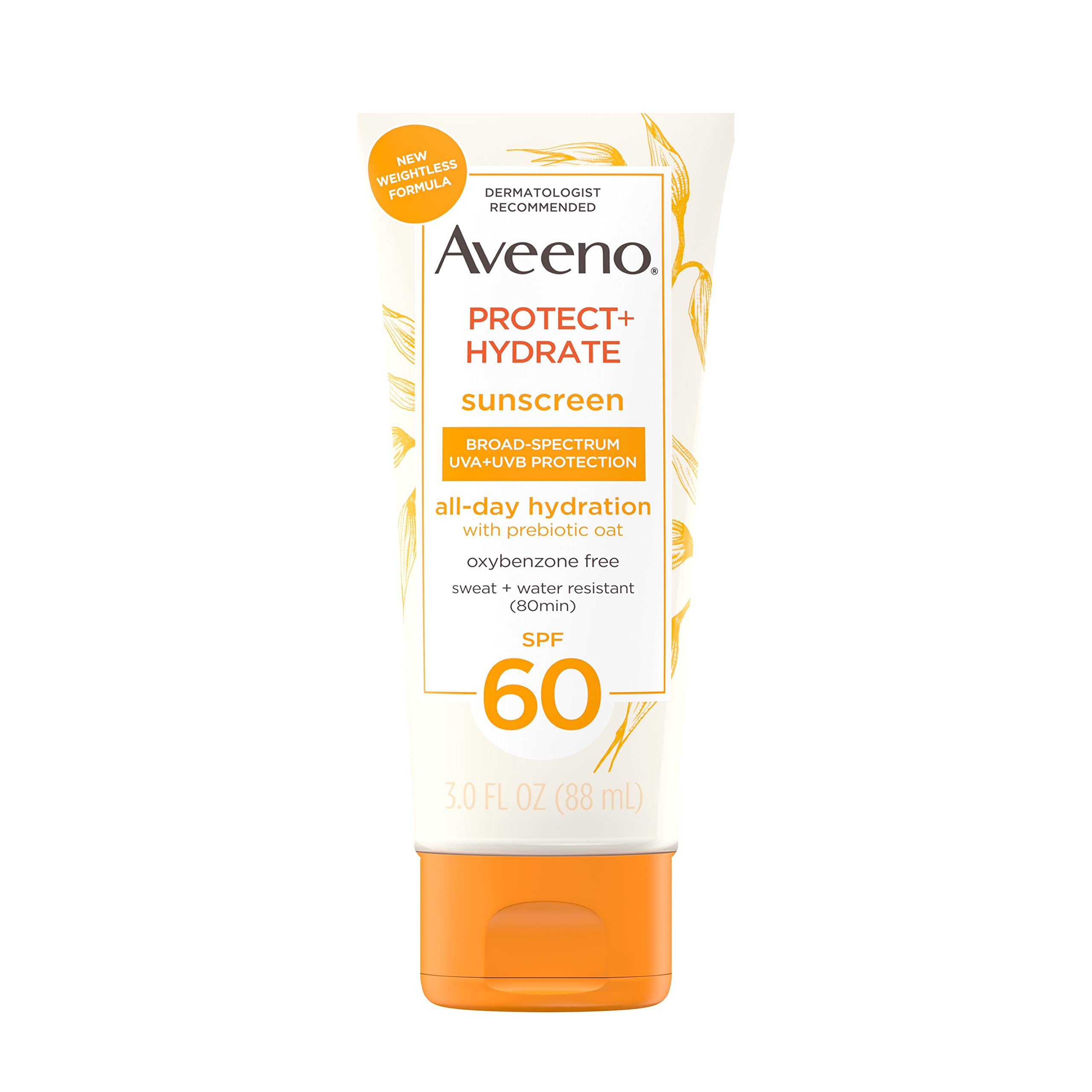 Aveeno Protect + Hydrate Moisturizing Body Sunscreen Lotion with Broad Spectrum SPF 60 & Prebiotic Oat, Weightless & Refreshing Feel, Paraben-Free, Oil-Free, Oxybenzone-Free, 3.0 fl. Oz