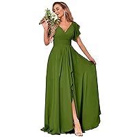 Women's Long V Neck Bridesmaid Dresses for Wedding Short Sleeve Formal Dress Chiffon Evening Gown with Slit