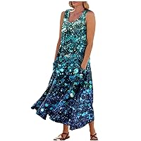 Linen Dress for Women Linen Dress for Women 2024 Bohemian Print Sparkly Fashion Loose Fit with Sleeveless U Neck Summer Dresses Dark Blue Large