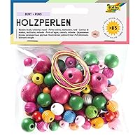 folia 2297 - Colourful Wooden Beads, Round, 84 Pieces, Assorted Colours, with 2 Cords to Create Colourful Necklaces and Bracelets