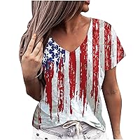Womens Basic T-Shirt Short Sleeve V Neck Pullover Tees Fashion Independence Day T Shirt USA Flag Print Tunic Blouse