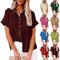 Lightning Deals of Today Clearance Womens Short Sleeve Button Down Shirt Collared V Neck Blouse Summer Cotton Linen Tops Loose Fit Casual Dressy Clothes Camisa de Vestir para Mujer