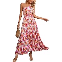 Kormei Women Floral Summer Knot One Shoulder Sleeveless Ruffled Tiered Flowy Boho Beach Maxi Long Dresses