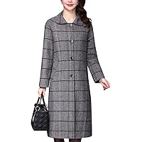 Flygo Womens Elegant Laple Single Breasted Long Plaid Wool Blend Pea Coat Trench Coat