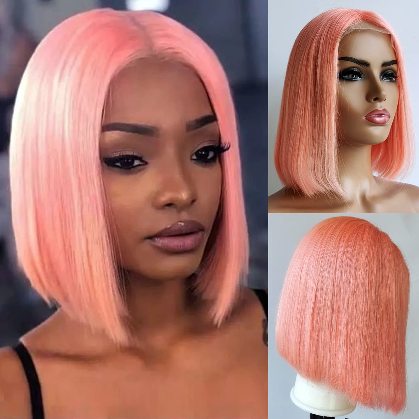 Real Human Hair Bob Wigs, Glueless Lace Front Wig, Pre Plucked with Baby Hair, Short Pink Colored Bob, for Black Women, 10 inch Straight 150% Densi...