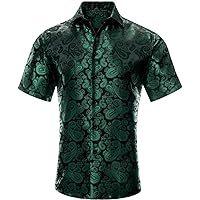 Hi-Tie 3XL Silk Mens Short Sleeve Dark Green Shirt for Hawaiian Party Button Down Regular Fit Extra Size Dress Shirts Party Prom(3X-Large)