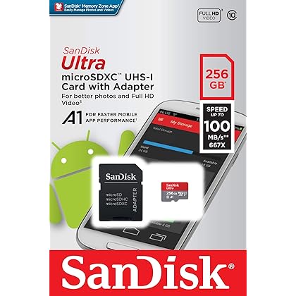 SanDisk 256GB Ultra microSDXC UHS-I Memory Card with Adapter - 100MB/s, C10, U1, Full HD, A1, Micro SD Card - SDSQUAR-256G-GN6MA