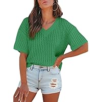 Dokotoo Womens Casual Summer Tops V Neck Short Sleeve Shirts Solid Hollow Out Lightweight Loose Fit Sweater Blouses