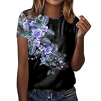 Womens Short Sleeve Tops Floral Tops for Women 2024 Summer Pretty Fashion Casual Trendy Loose Fit with Short Sleeve Round Neck Shirts Purple X-Large