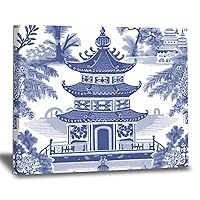 WoGuangis Chinoiserie Blue Asian Pagoda Canvas Poster Indigo Blue Pagoda and Flower Canvas Print Wall Art Painting Oriental Chinoiserie Canvas Print Wall Art Painting Artworks 16x20in