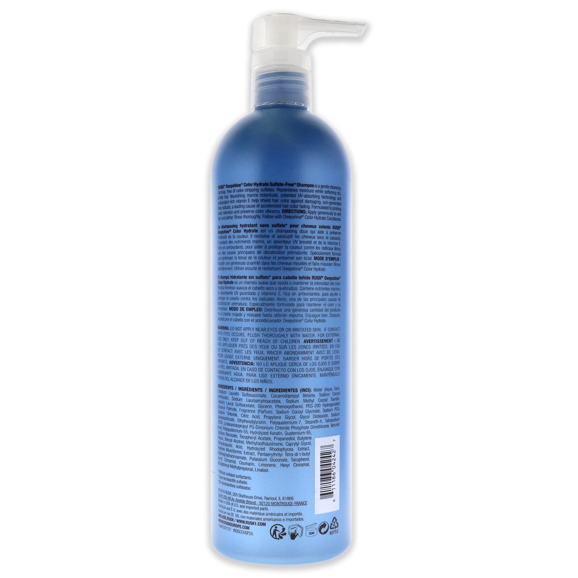 RUSK Deepshine Color Hydrate Sulfate-Free Shampoo, Cleanses, Replenishes Moisture, Infused with Nourishing Marine Botanicals, UV-Absorbing Technology Prolongs Color Retention and Vibrancy