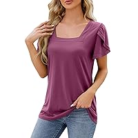 Women's Blouses Fashion Square Neck Petal Sleeve Printed Loose T-Shirt Casual Top Cute Blouses, S-2XL