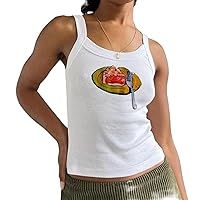 Women Y2K Fruit Print Tank Top Sleeveless Graphic Slim Fit Crop Vest Top Trendy Cute Casual Summer Basic Tops