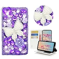 STENES Bling Wallet Phone Case Compatible with iPhone 15 Pro Case - Stylish - 3D Handmade Pearl Butterfly Flowers Magnetic Wallet Stand Girls Women Leather Cover - Purple