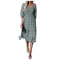 Womens Spring Dresses,Women's Summer Casual Midi Dress Spring Puff Sleeve Square Neck A Line Flowy Boho Floral