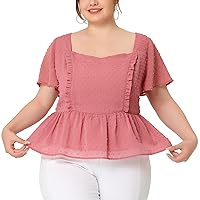 Agnes Orinda Plus Size Peplum Blouse for Women Flare Short Sleeve Sweetheart Neck Swiss Dots Valentines Day Top