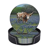 Bluebonnet Longhorn Print Coasters Leather Drink Coasters Set of 6 Heat Resistant Bar Coasters with Storage Case Round Cup Mat Pad for Living Room Kitchen Office Gift