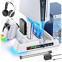 PS5 Stand and Cooling Station with AC Adapter, PS5 Cooling Fan with RGB LED Controller Charging Station for Playstation 5 Console, PS5 Accessories with Controller Charger, Headset Holder