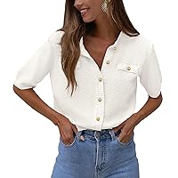 PRETTYGARDEN Women's Summer Button Down Shirts Casual Short Sleeve Crew Neck Ribbed Knit Blouse Top Cardigans (White,Medium)