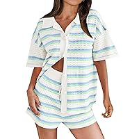 Flygo Striped Crochet Pajama Sets for Women 2 Piece Lounge Sets Short Sleeve Knit Button Tops Drawstring Shorts Outfits