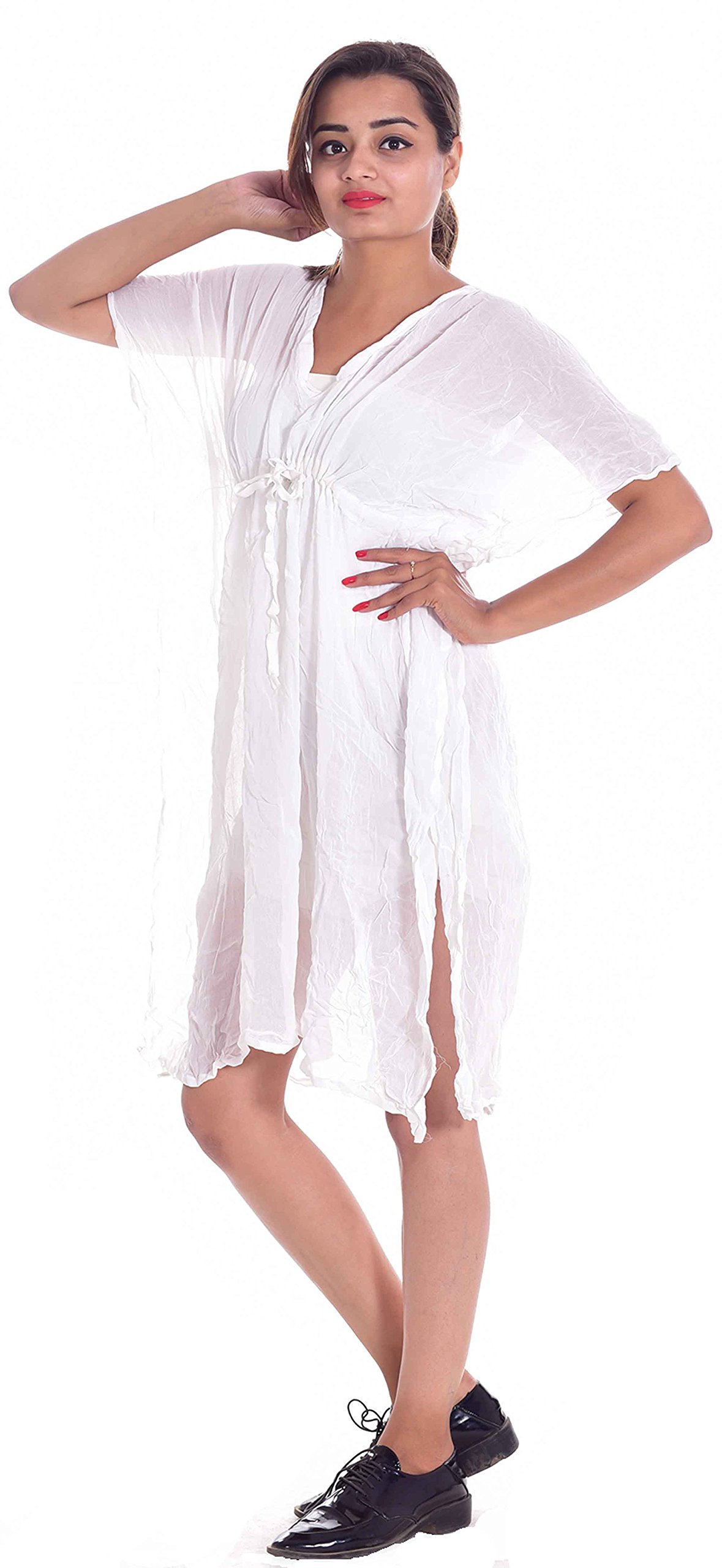 lakkar haveli Indian Kaftan Hippie Boho Kimono Sleeve Women Solid White Caftan Cocktail Dress