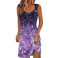Vacation Dresses for Women 2024 Summer Sparkly Patchwork Fashion with Sleeveless Round Neck Tunic Dresses