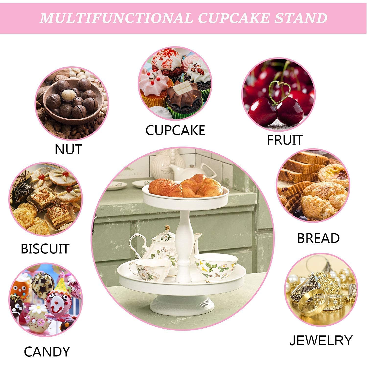 Donosura 2 Tier Tray, White Cupcake Stand Easter Tiered Tray Decor Stands Metal Round Tiered Serving Tray Dessert Dispaly Cupcake Tower for Birthday Wedding Graduation Cememory Party