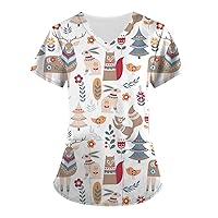 Women's Printed Scrub Tops Plus Size Cartoon Pattern Crewneck Short Sleeve Tee Trendy Oversized Shirts for Women