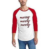 Ma Croix Mens Christmas Holiday 'Merry' Digitally Printed Raglan 3/4 Sleeve Plaid Font Baseball Style Tee Shirt