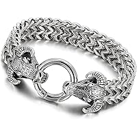 Men Vintage Cuff Bracelets, Heavy Stainless Steel Viking Bull Head Mesh Chain Bangles, Nordic Celtic Charm Amulet Jewelry (Size : 21.5 Centimetres)